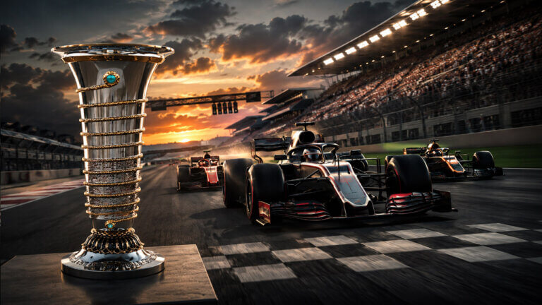 Silver Formula One Constructors’ Championship trophy beside three open-wheel race cars crossing the finish line at sunset.