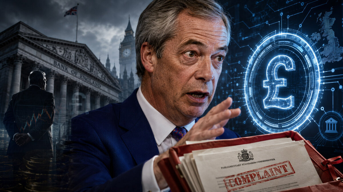 Nigel Farage during the Bank of England digital pound complaint over alleged donor influence on UK CBDC policy debate