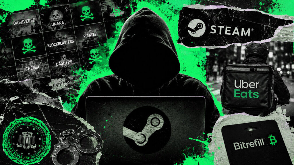 High-contrast acid-green editorial montage showing a hooded figure at a Steam-branded laptop, with malware-infected game tiles, an Uber Eats courier, a Bitrefill crypto gift card, FBI insignia, and handcuffs.