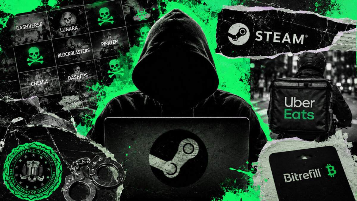 High-contrast acid-green editorial montage showing a hooded figure at a Steam-branded laptop, with malware-infected game tiles, an Uber Eats courier, a Bitrefill crypto gift card, FBI insignia, and handcuffs.