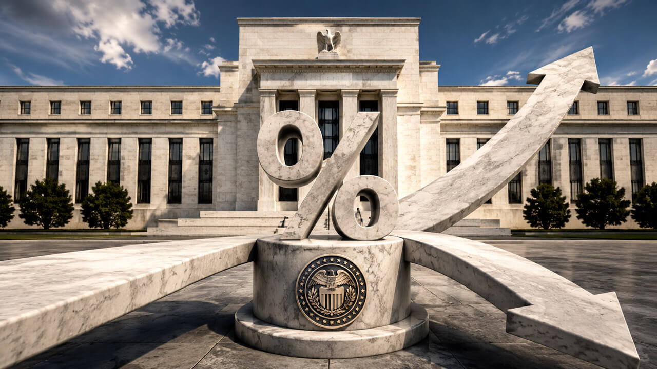 Marble percent symbol with rising and falling arrows outside the Federal Reserve building, representing a September interest rate decision.