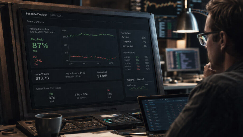 Trader monitoring a prediction-market dashboard showing an 87% probability of a Fed hold, $13.7 billion June volume, and $178 billion annualized volume.