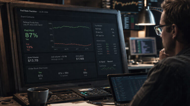 Trader monitoring a prediction-market dashboard showing an 87% probability of a Fed hold, $13.7 billion June volume, and $178 billion annualized volume.