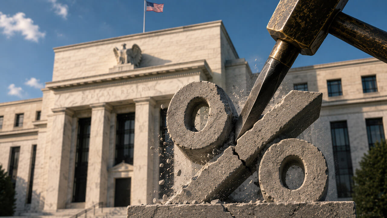 Chisel striking a stone percent symbol in front of a Federal Reserve building, symbolizing potential interest rate cuts.
