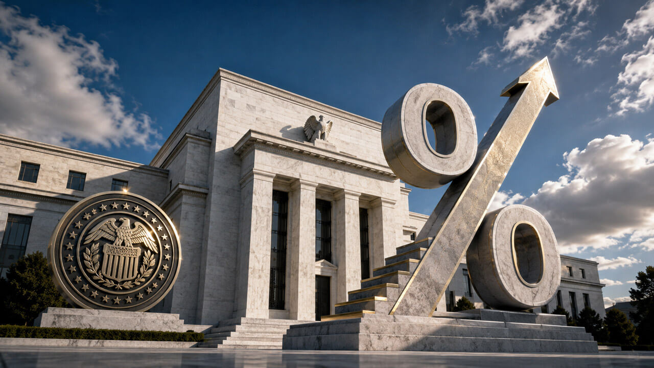 Large percentage symbol with an upward arrow outside a Federal Reserve-style building, representing a possible US interest-rate hike in 2026.