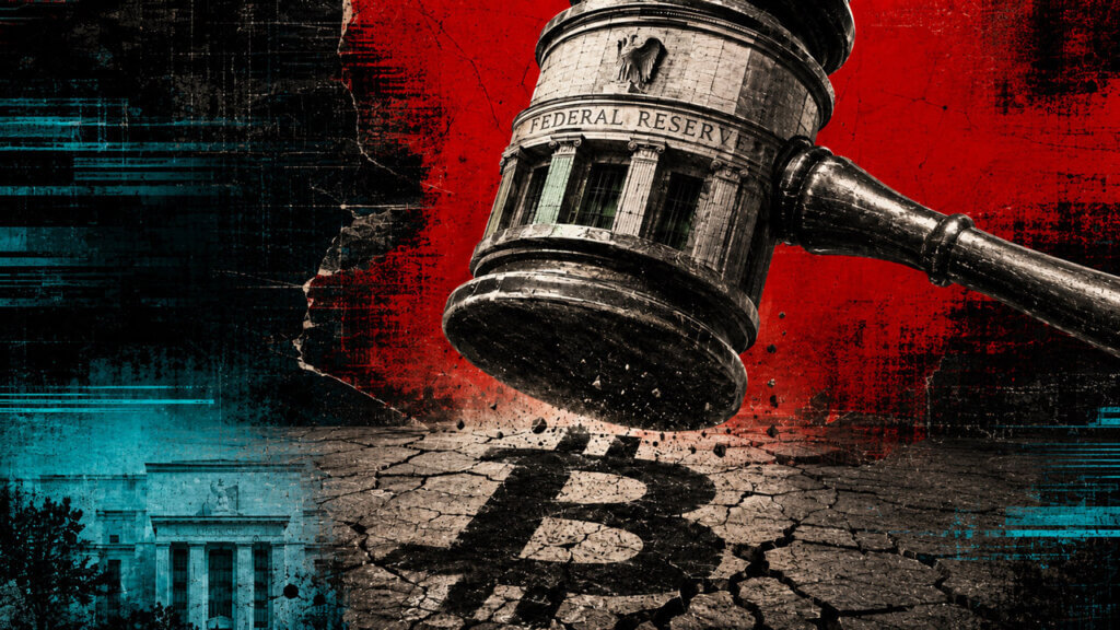 Red and cyan editorial collage of a Federal Reserve gavel descending toward a cracked Bitcoin symbol