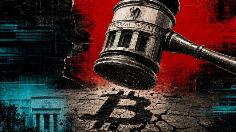 Red and cyan editorial collage of a Federal Reserve gavel descending toward a cracked Bitcoin symbol