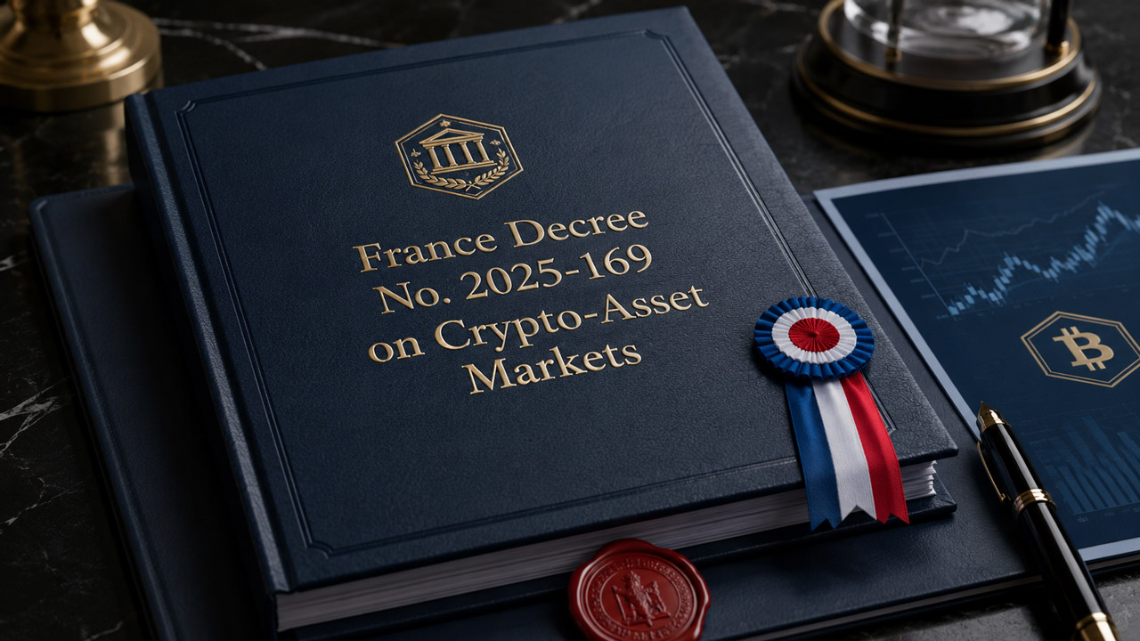 Official legal volume titled "France Decree No. 2025-169 on Crypto-Asset Markets" displayed with a French tricolor ribbon, financial chart, and formal government desk.