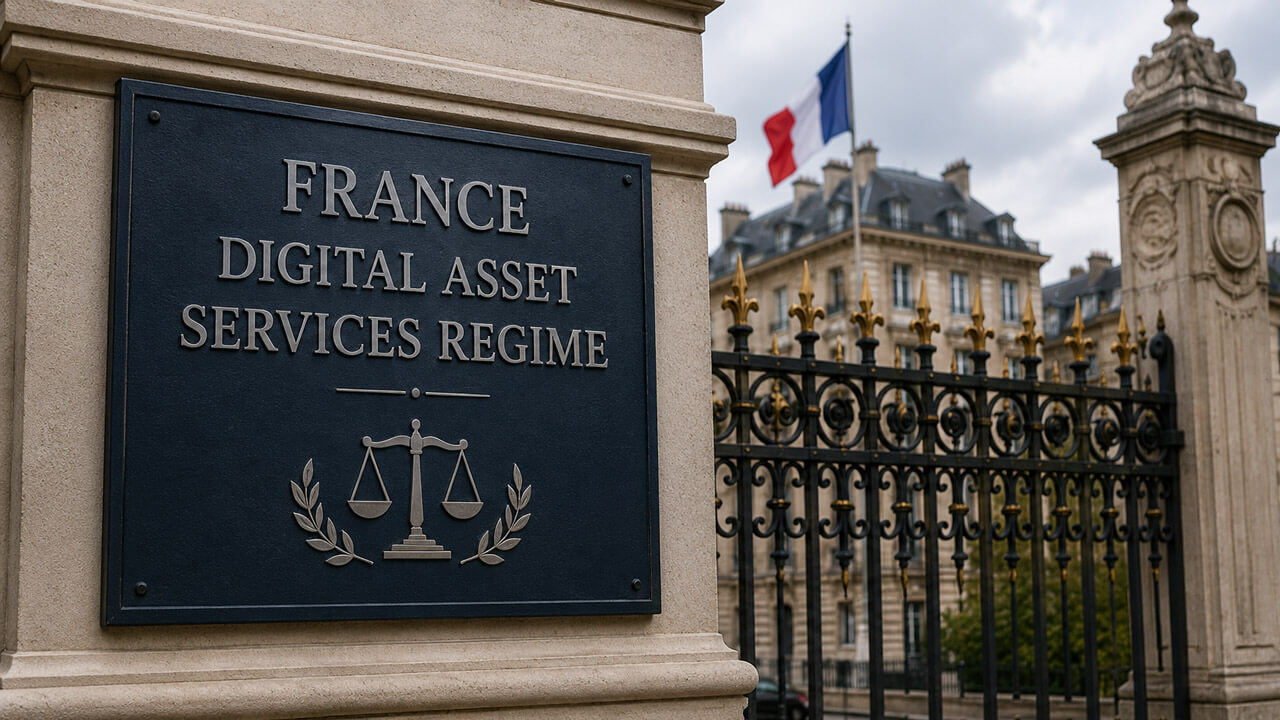 Stone government plaque reading France Digital Asset Services Regime beside a French flag and formal Parisian building.