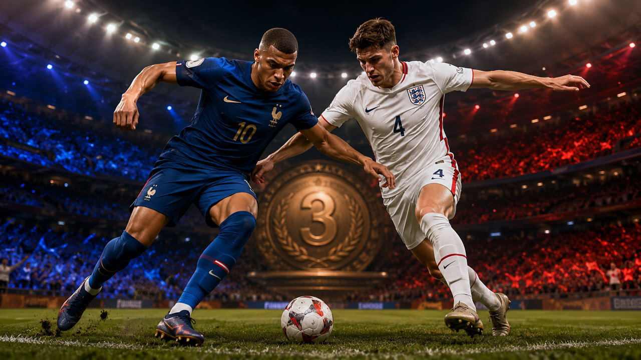 France and England football players competing for the ball during an intense stadium match with a bronze third-place medal in the background.