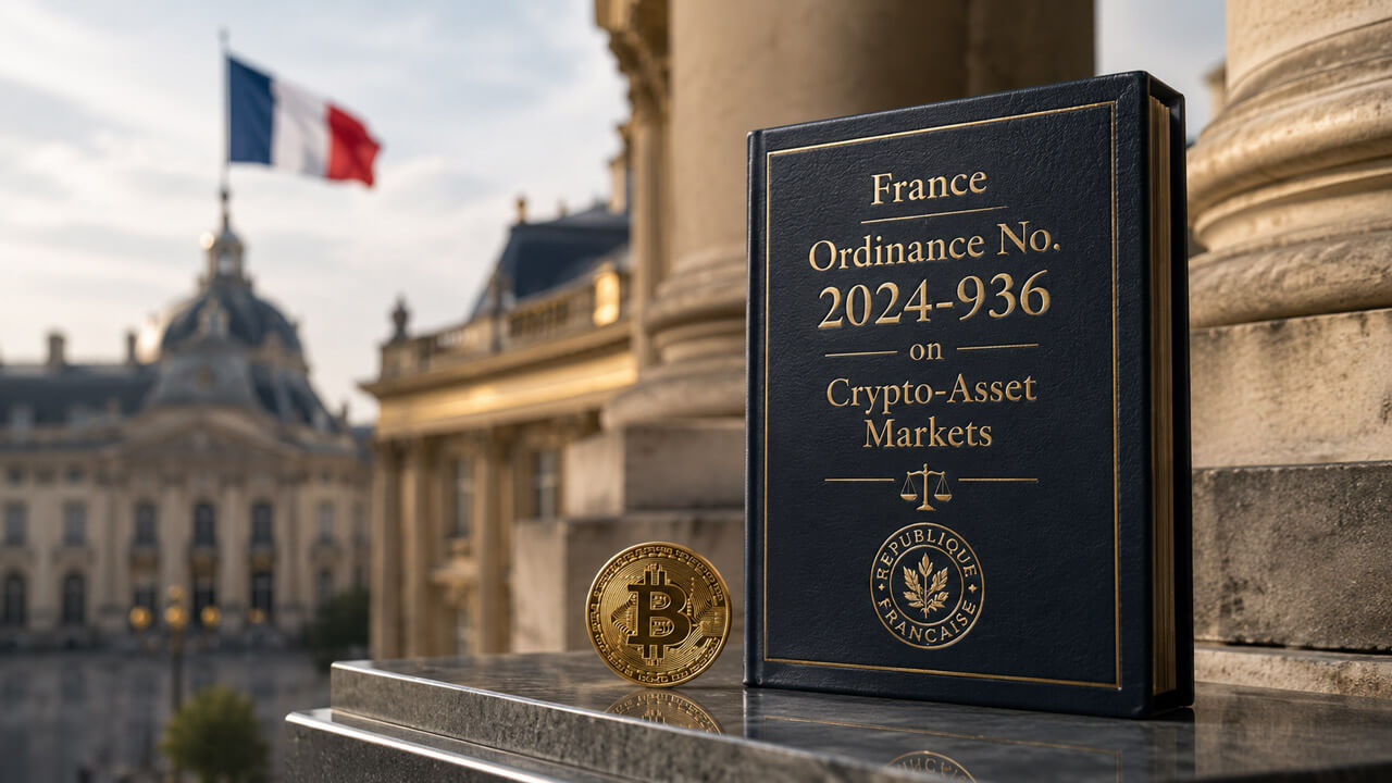 A law book titled France Ordinance No. 2024-936 on Crypto-Asset Markets displayed beside a cryptocurrency token outside a French government building, representing France's implementation of MiCA into national crypto-asset law.