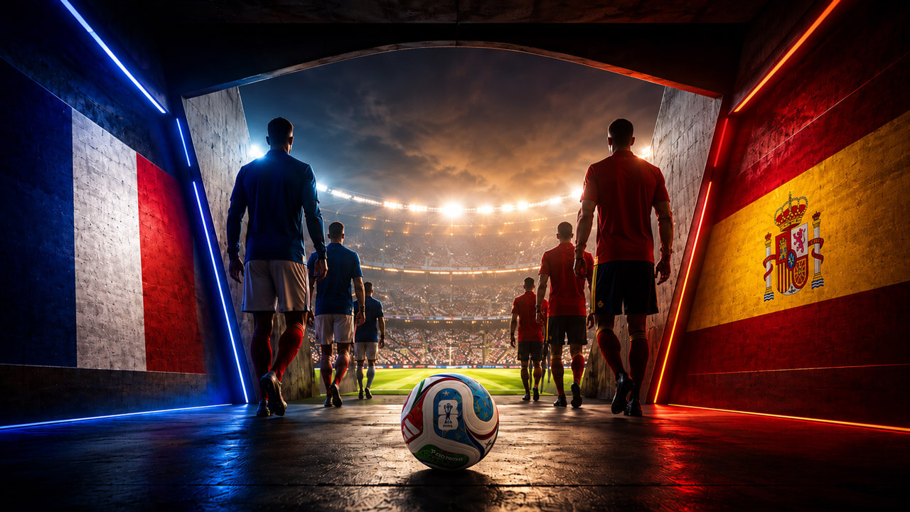 France and Spain players walk through a stadium tunnel toward the pitch with national flags painted on opposite walls.