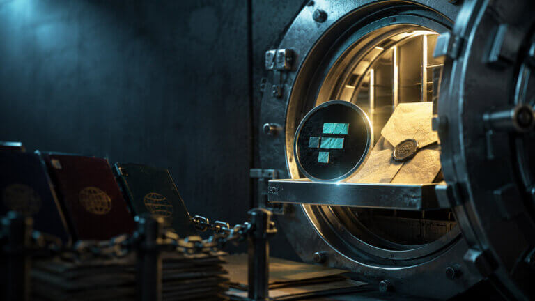 FTX token and sealed payout documents emerging from an illuminated bank vault, with chained passports representing creditors awaiting bankruptcy distributions.