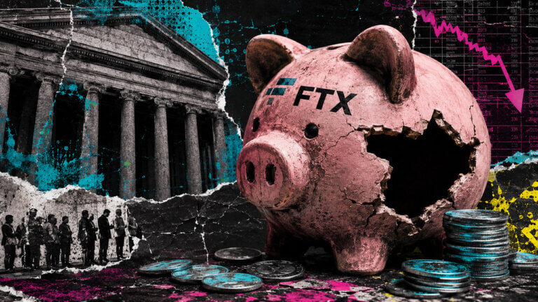 Editorial collage of a cracked pink piggy bank marked with the FTX logo, surrounded by scattered coins, a courthouse facade, waiting creditor silhouettes, and a falling market chart in electric cyan, magenta, and yellow.