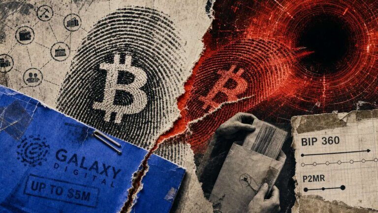 Editorial collage of a Bitcoin fingerprint splitting toward a quantum threat as Galaxy Digital’s $5 million grant braces the divide.
