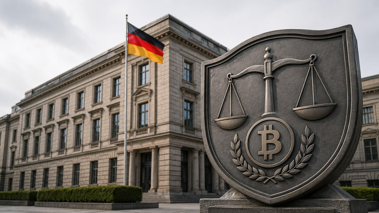 German government building with a legal shield displaying scales of justice and a cryptocurrency symbol, representing official oversight of crypto-asset income tax treatment and regulation.