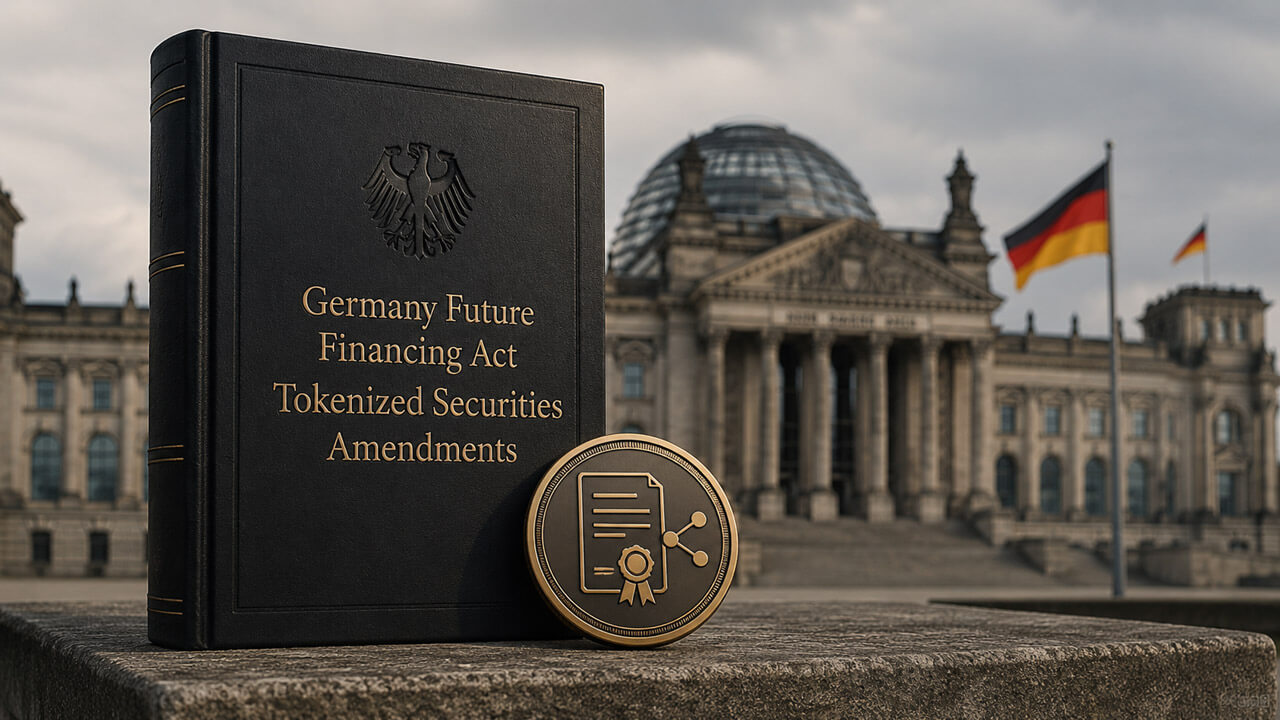 A legal volume titled Germany Future Financing Act Tokenized Securities Amendments displayed beside a tokenized securities emblem in front of the German Reichstag, symbolizing legislation enabling tokenized securities issuance.