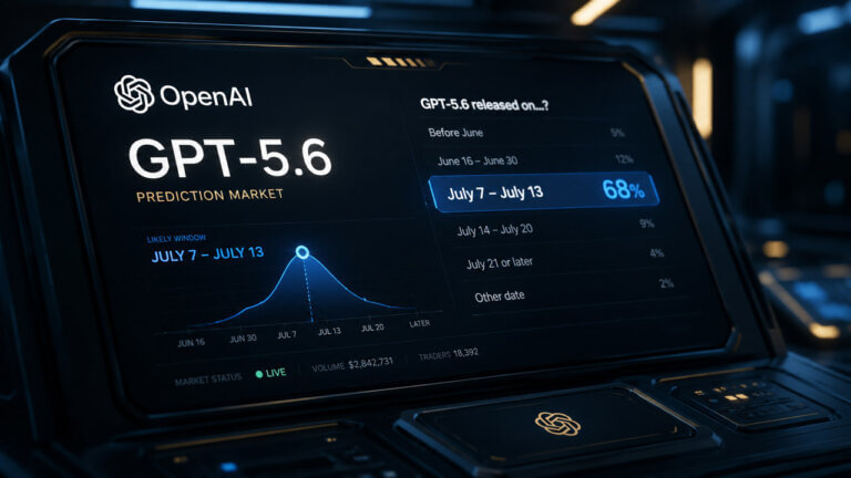 Futuristic OpenAI prediction market dashboard showing GPT-5.6 release odds with July 7 to July 13 highlighted