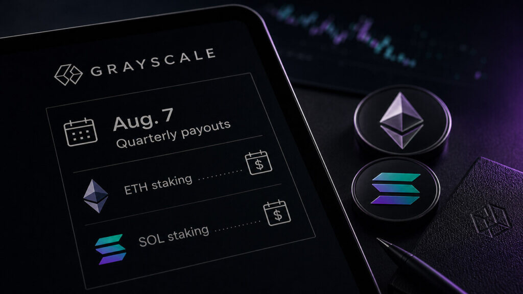 Minimal dark Grayscale tablet interface showing August 7 ETH and SOL staking payouts with Ethereum and Solana tokens under purple and teal lighting.