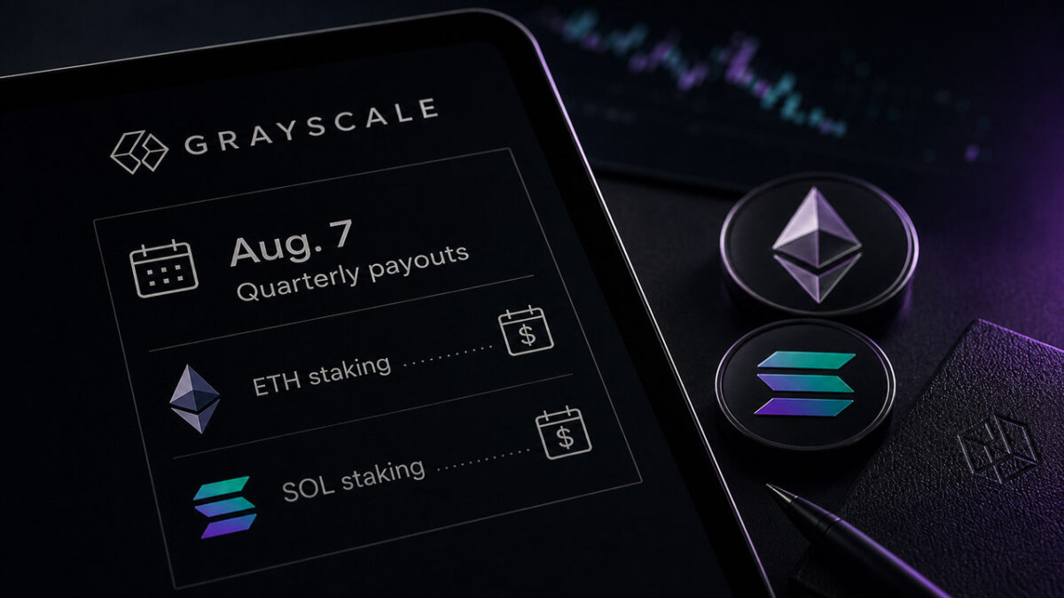 Minimal dark Grayscale tablet interface showing August 7 ETH and SOL staking payouts with Ethereum and Solana tokens under purple and teal lighting.