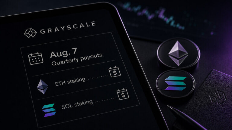 Minimal dark Grayscale tablet interface showing August 7 ETH and SOL staking payouts with Ethereum and Solana tokens under purple and teal lighting.