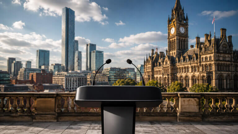 Empty mayoral announcement podium with dual microphones overlooking Manchester Town Hall and the modern city skyline.