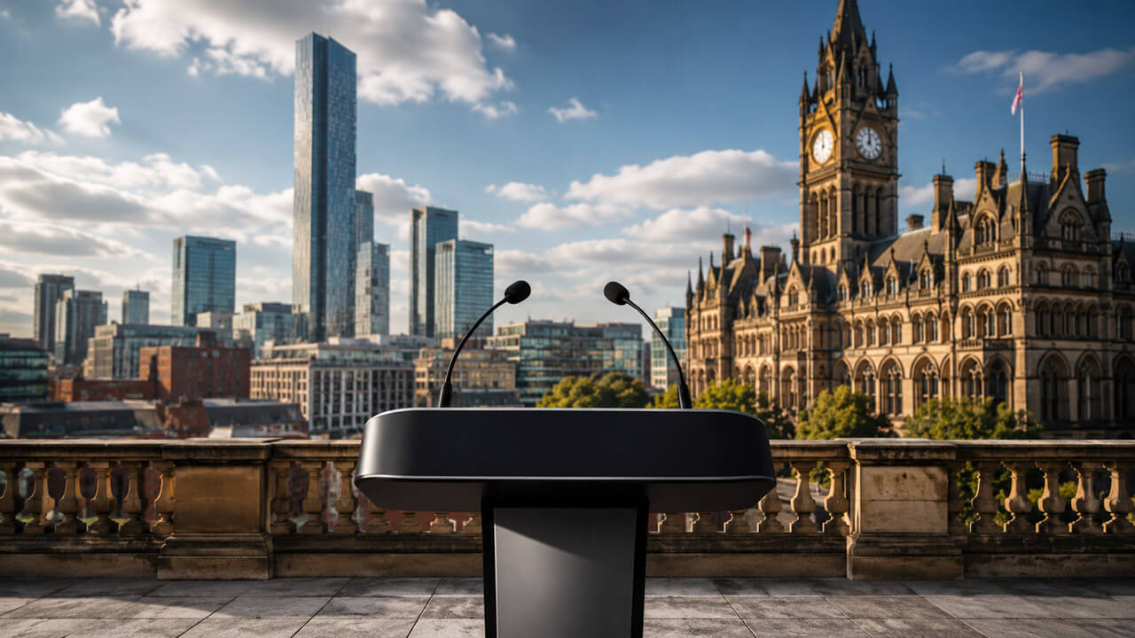 Empty mayoral announcement podium with dual microphones overlooking Manchester Town Hall and the modern city skyline.