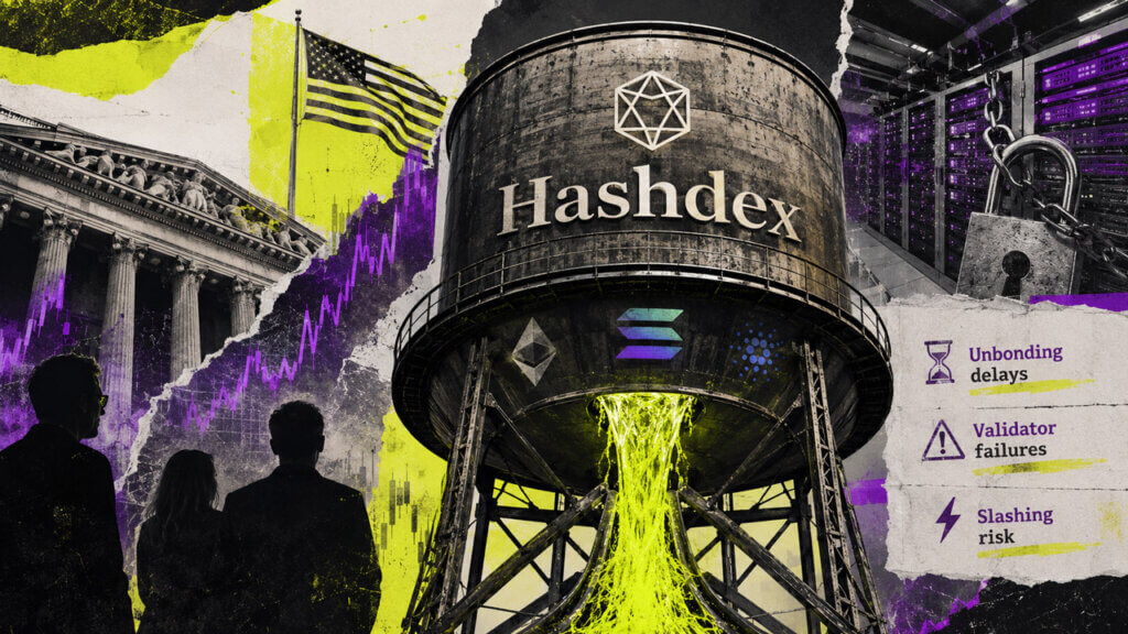 Acid-colored editorial collage showing a large Hashdex water tower releasing neon staking liquidity, surrounded by crypto infrastructure, institutional architecture, investors, and warnings about unbonding delays, validator failures, and slashing risk.