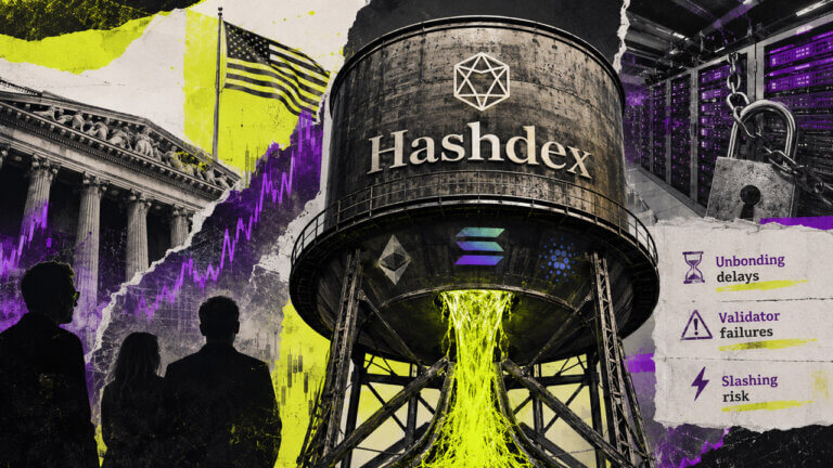 Acid-colored editorial collage showing a large Hashdex water tower releasing neon staking liquidity, surrounded by crypto infrastructure, institutional architecture, investors, and warnings about unbonding delays, validator failures, and slashing risk.