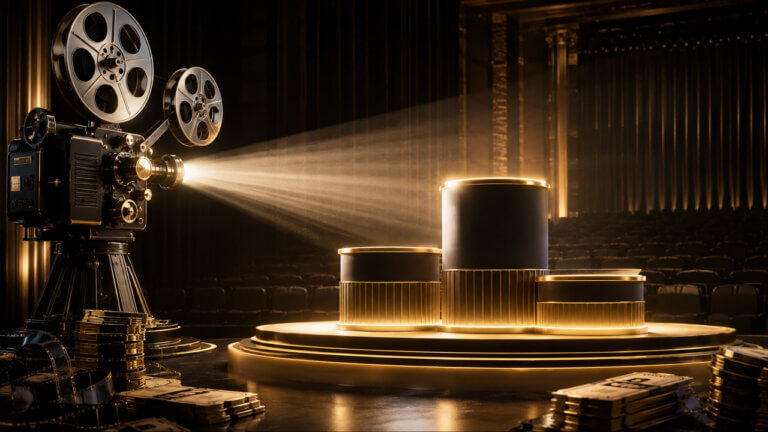 Vintage movie projector casting light onto a glowing three-tier podium inside a dark theater, representing the box office leaderboard for 2026.