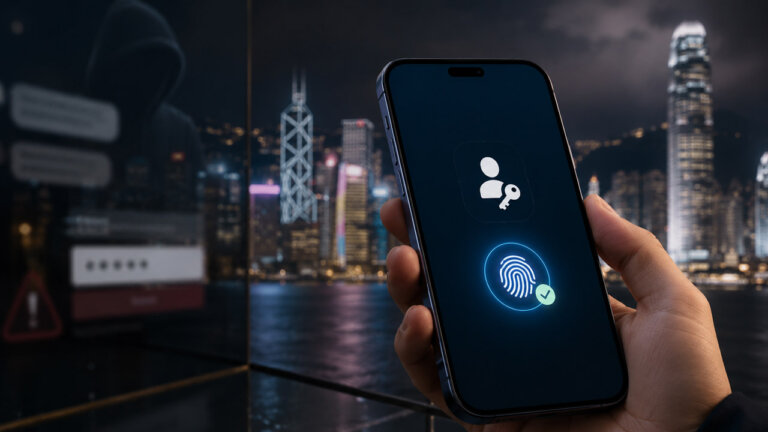 Hand using biometric authentication on a smartphone as a phishing-hook shadow and warning screen appear against the Hong Kong skyline.