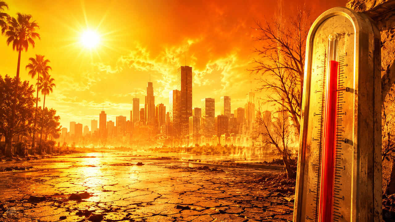 Red thermometer standing beside a heat-stricken city skyline under a blazing sun and cracked ground.