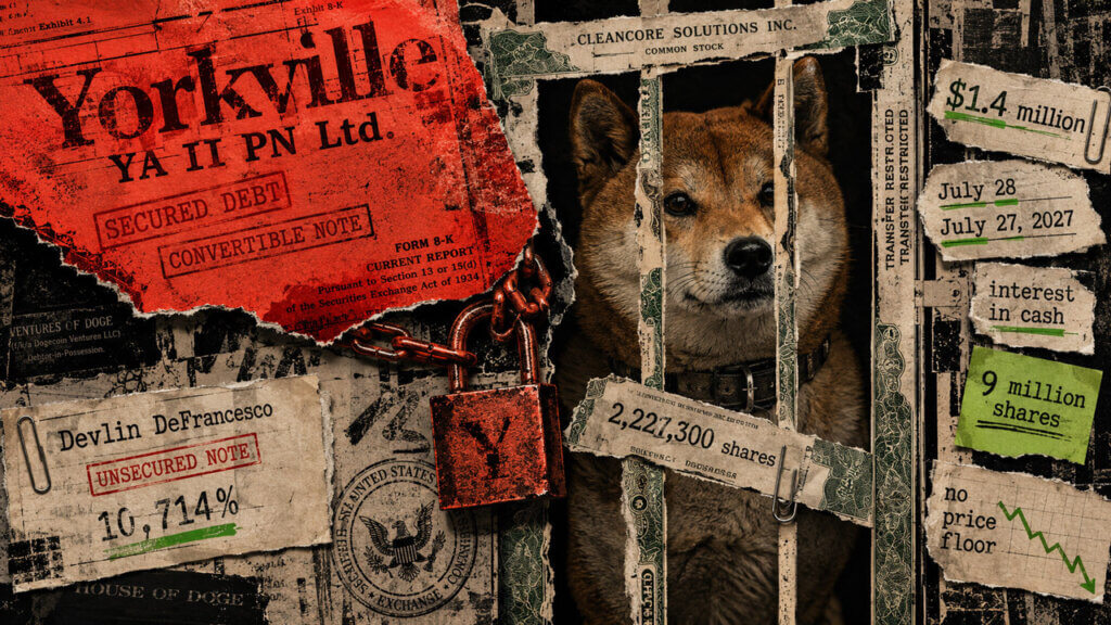 Shiba Inu behind a locked CleanCore share gate as Yorkville secured debt blocks a $1.4 million subordinated repayment.