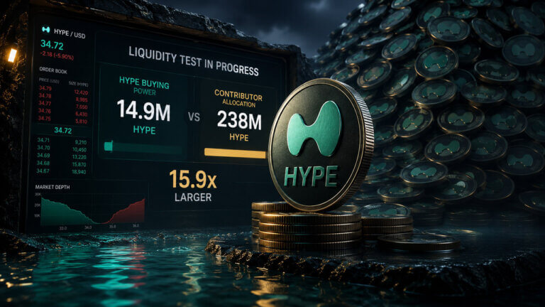 A cinematic HYPE token sits beside a liquidity test dashboard comparing 14.9M HYPE buying power against a 238M contributor allocation.