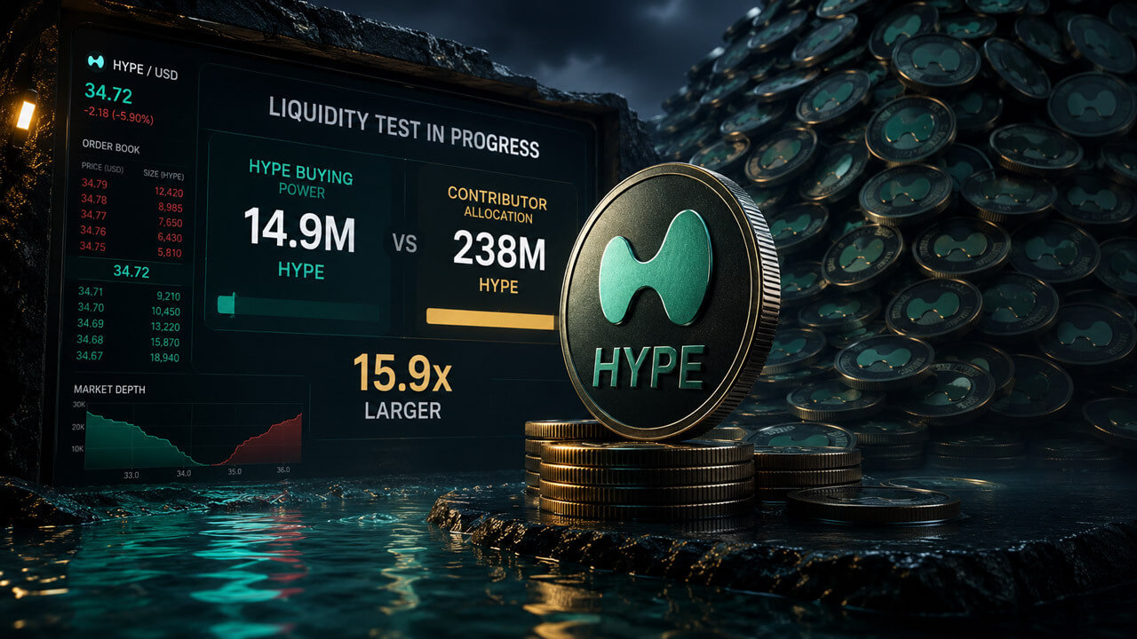 A cinematic HYPE token sits beside a liquidity test dashboard comparing 14.9M HYPE buying power against a 238M contributor allocation.