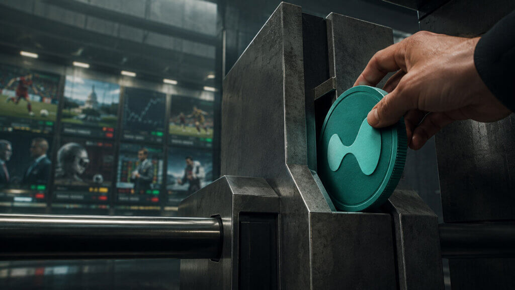 A hand inserts a large HYPE token into an industrial access gate, with blurred prediction-market screens showing sports, politics, and financial events in the background.