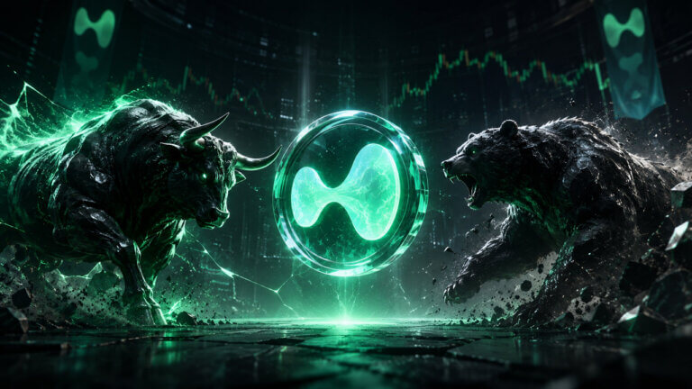 Hyperliquid symbol suspended between a charging bull and roaring bear, representing competing bullish and bearish price scenarios in 2026.