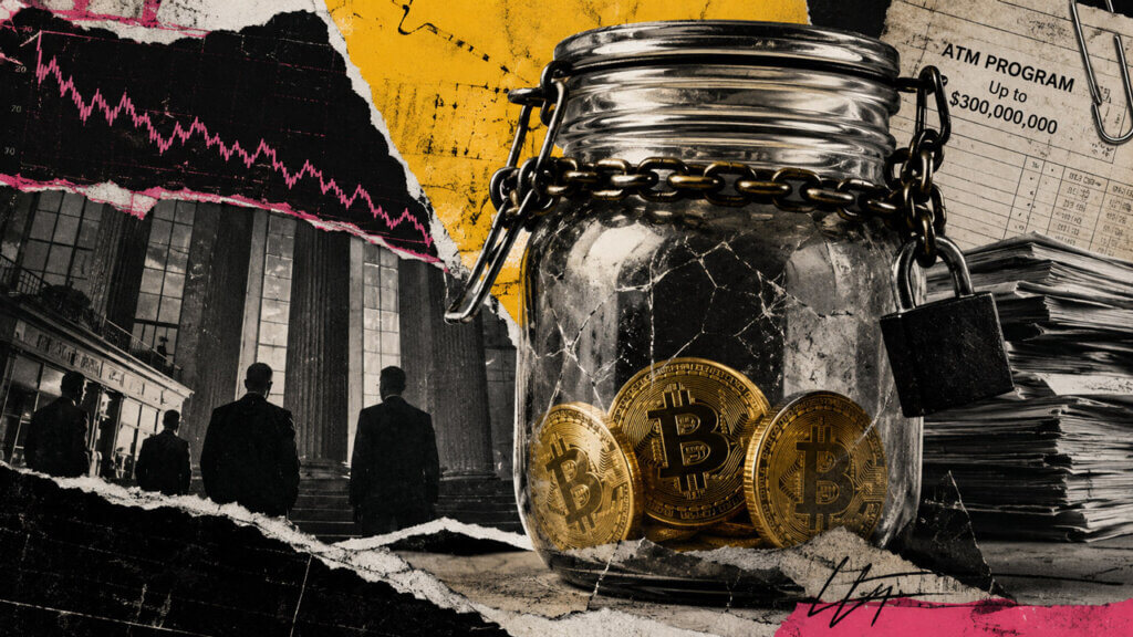 Mixed-media financial collage featuring a chained glass jar filled with Bitcoin, shadowed investors, a declining chart, corporate architecture, and an ATM program document highlighting dilution risk.