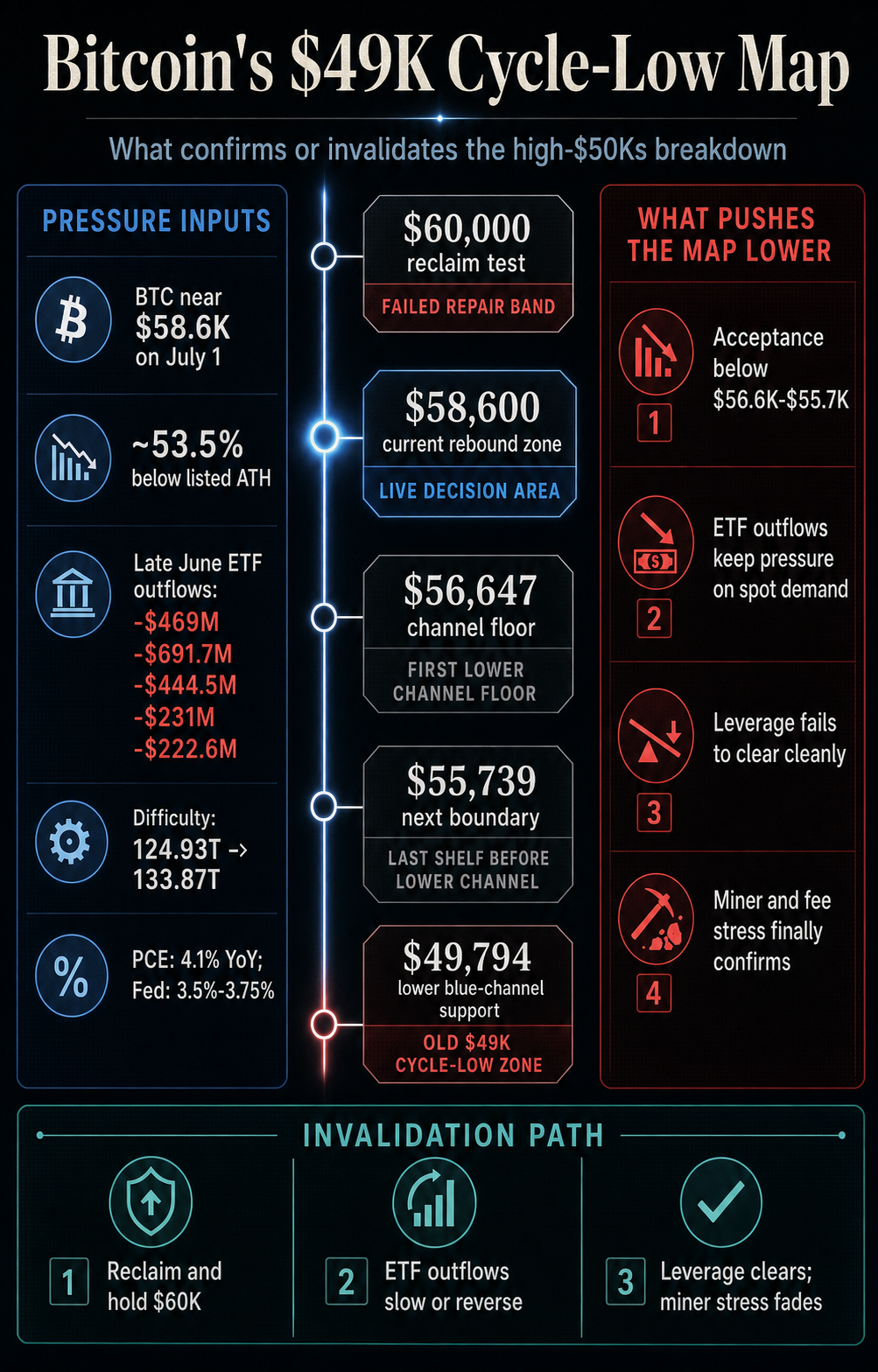 Bitcoin $49K cycle-low map showing the $60K reclaim test, $58.6K live decision area, $56,647 and $55,739 channel levels, $49,794 lower-channel support, and confirmation versus invalidation checks.