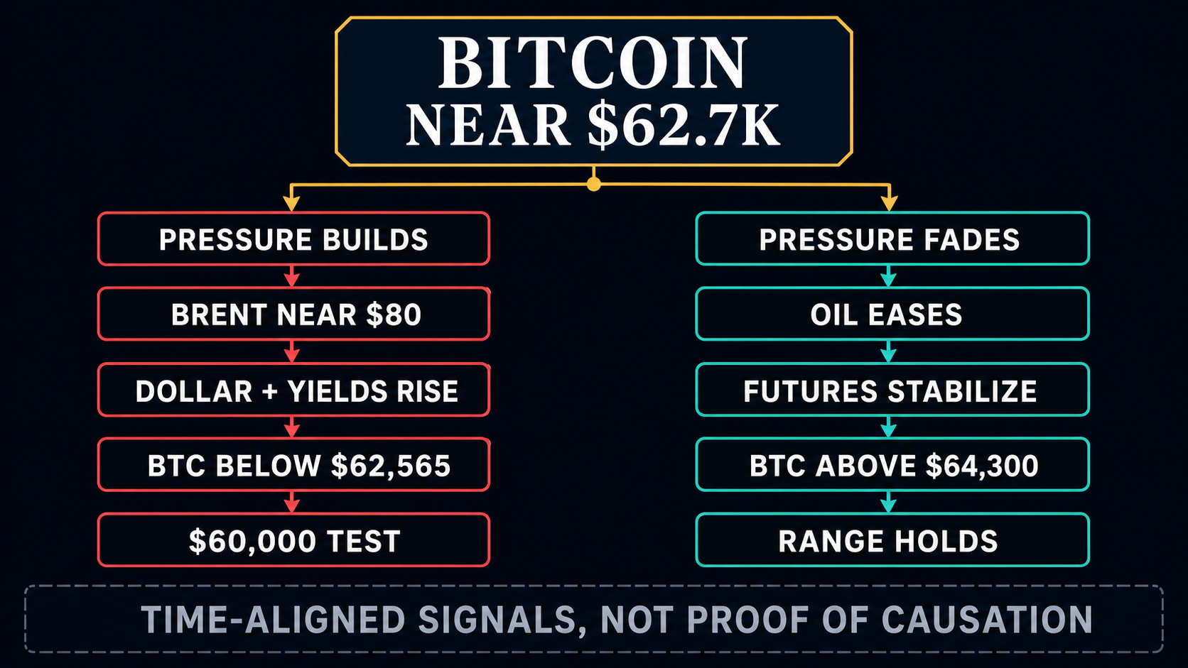 Bitcoin decision map showing a pressure path from Brent near $80, higher dollar and yields, and BTC below $62,565 toward a $60,000 test, and a relief path from easing oil and stable futures toward BTC above $64,300 and a range hold.