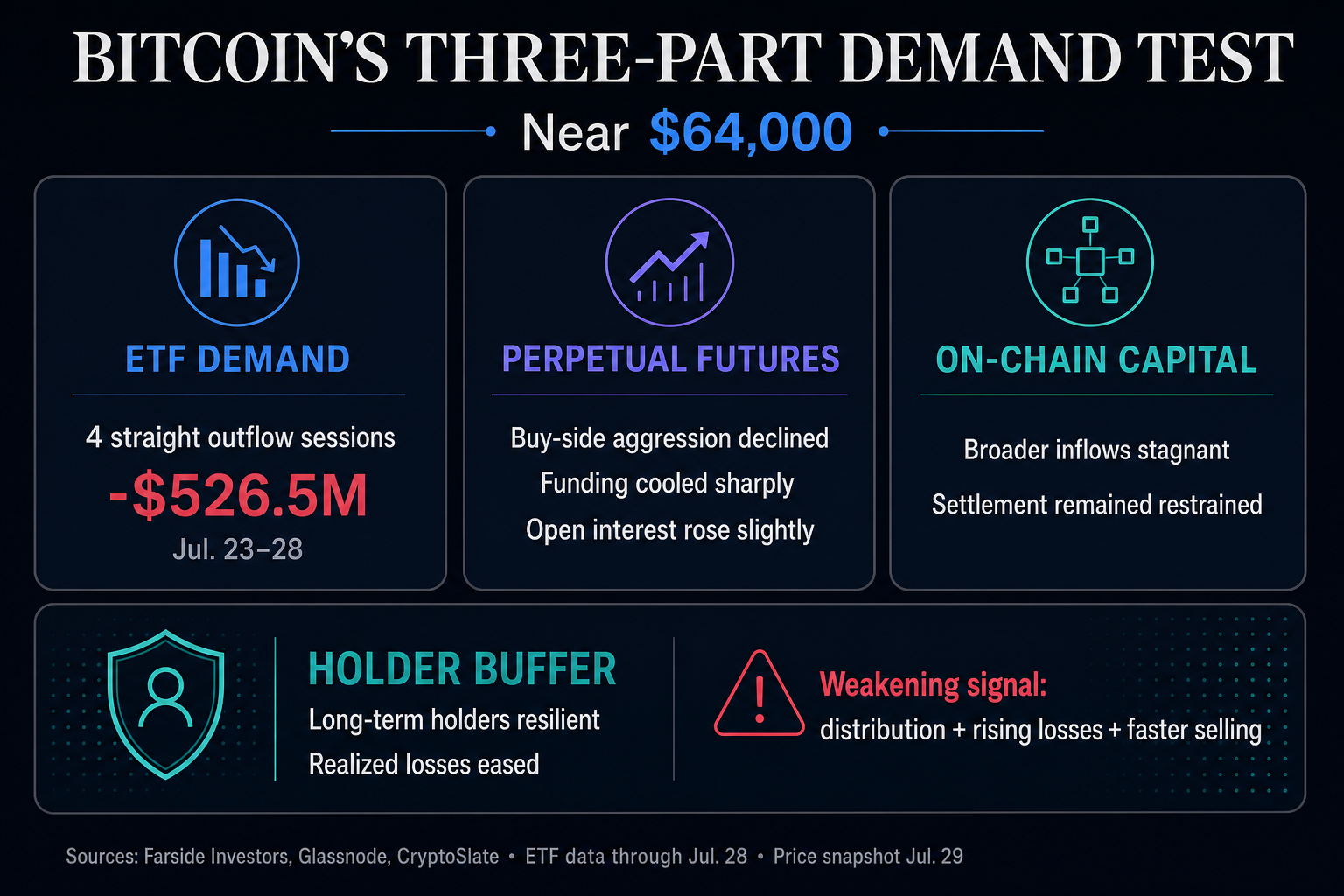 Infographic showing Bitcoin’s three-part demand test near $64,000: ETF outflows, weaker perpetual-futures buying, stagnant on-chain capital and the long-term-holder buffer.