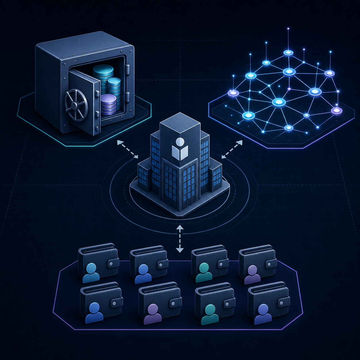 Conceptual diagram separating a crypto company, its token reserve, a decentralized ledger network and public token holders.
