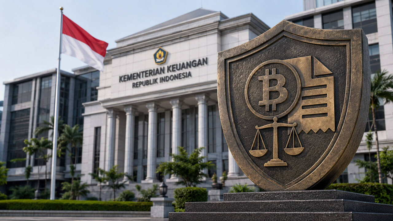 Indonesian Ministry of Finance building with a legal shield displaying a cryptocurrency symbol, invoice, and scales of justice, representing crypto-asset VAT regulation and tax enforcement under PMK 50/2025.