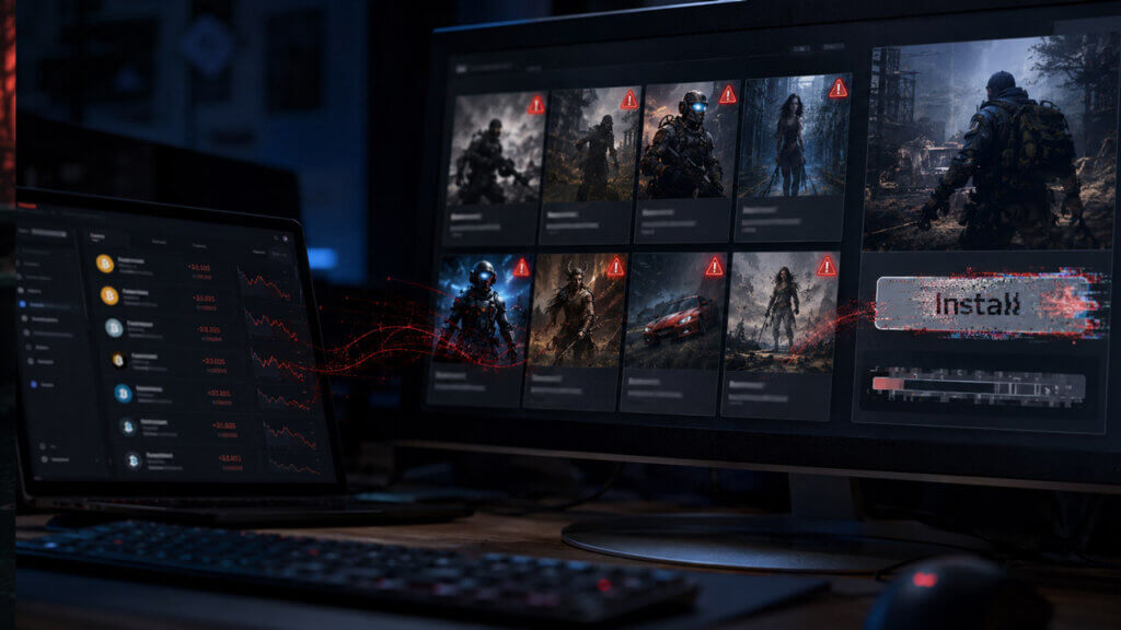A corrupted PC game installer connects eight suspicious game tiles to a crypto dashboard showing rapidly falling wallet balances.