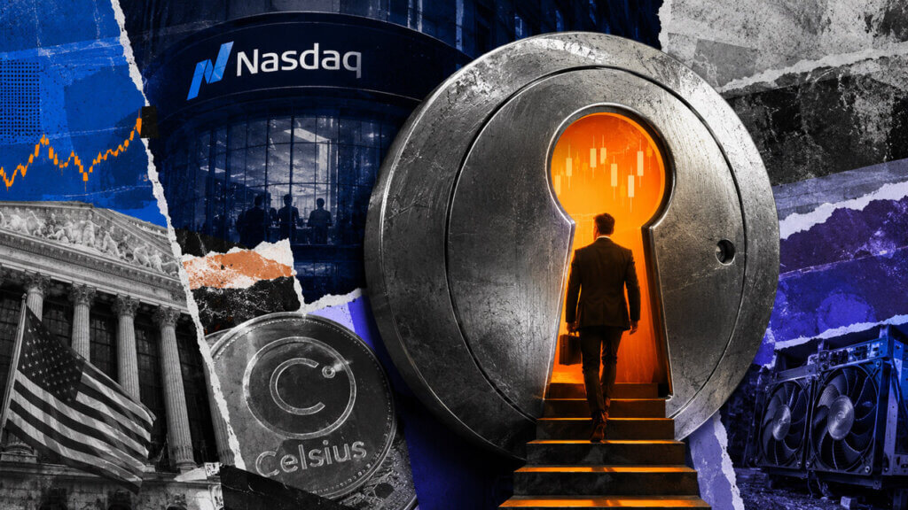 Editorial collage showing a suited shareholder climbing through a glowing keyhole in a giant metal lock, surrounded by Nasdaq signage, market charts, Celsius imagery, mining equipment, and electric blue, orange, and violet accents.