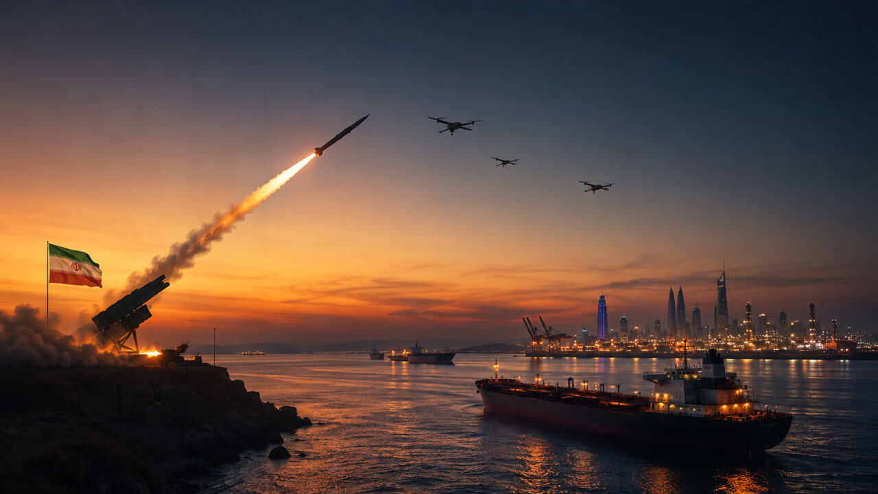 Missile launching beside an Iranian flag toward a Gulf skyline, with drones, oil tankers, and port facilities visible at sunset. coastal cities and energy facilities.