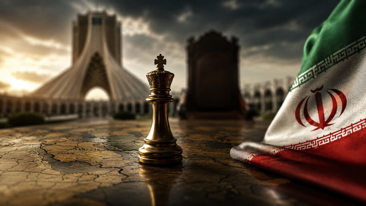 Gold chess king on a map beside the Iranian flag, with an empty throne and Azadi Tower blurred in the background.