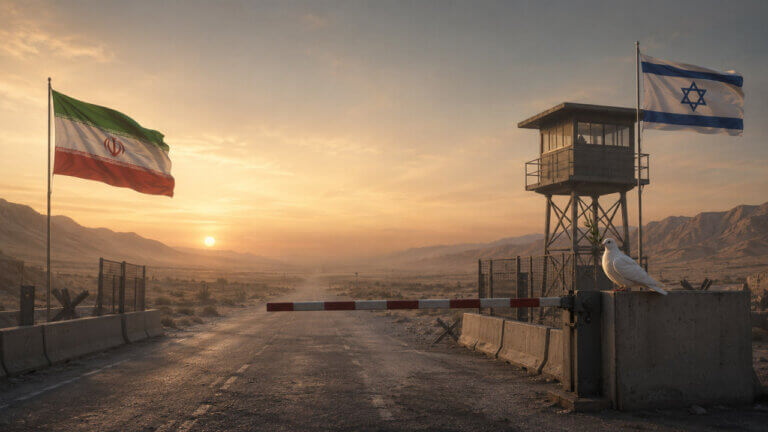 White dove resting at a quiet desert border checkpoint between Iranian and Israeli flags during a peaceful sunset.