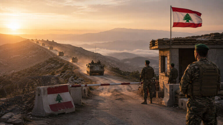 Israeli armored convoy withdrawing along a mountain road from a fortified position in southern Lebanon at golden hour.