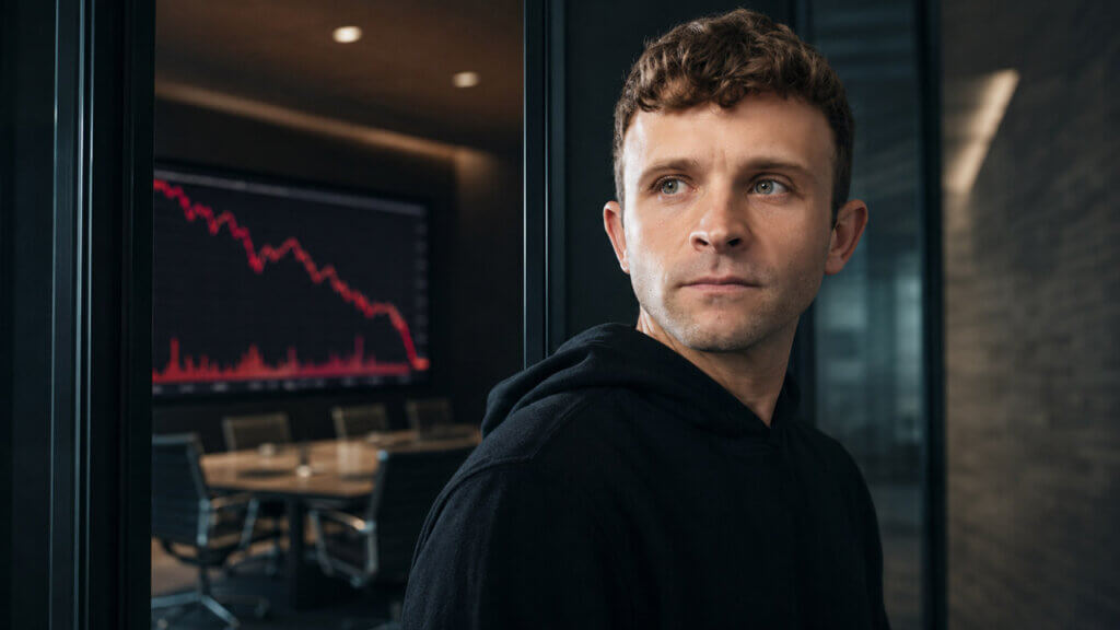 Jack Mallers in a dark corporate boardroom with a falling Bitcoin chart in the background, representing his departure from Twenty One and rising treasury pressure.
